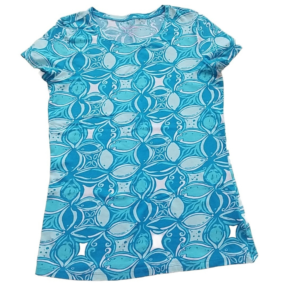 LILLY PULITZER Top Womens XS What A Racquet Blue Fish TShirt Summer Ariel Blue